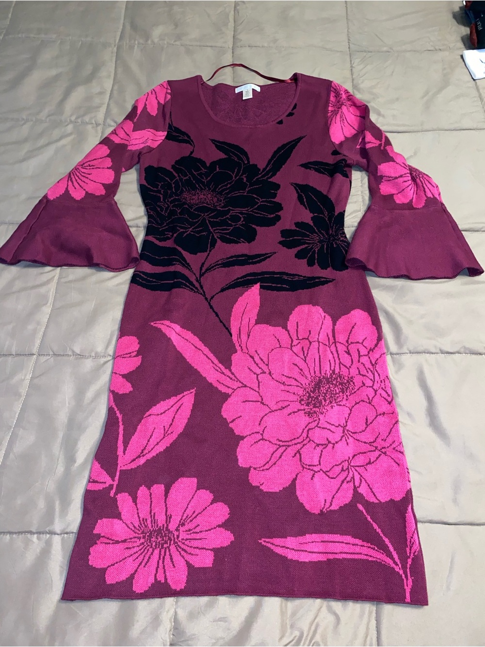 London Times Magenta and Pink Floral Knit Dress with Bell Sleeves